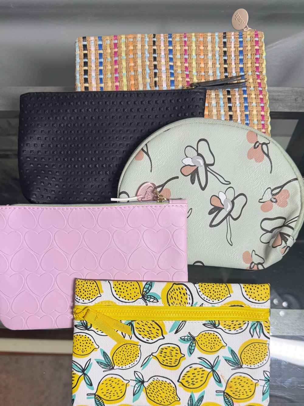 IPSY Cosmetic Pouch 5 piece collectible Glam, Bohemian, Lemon, Heart, Floral